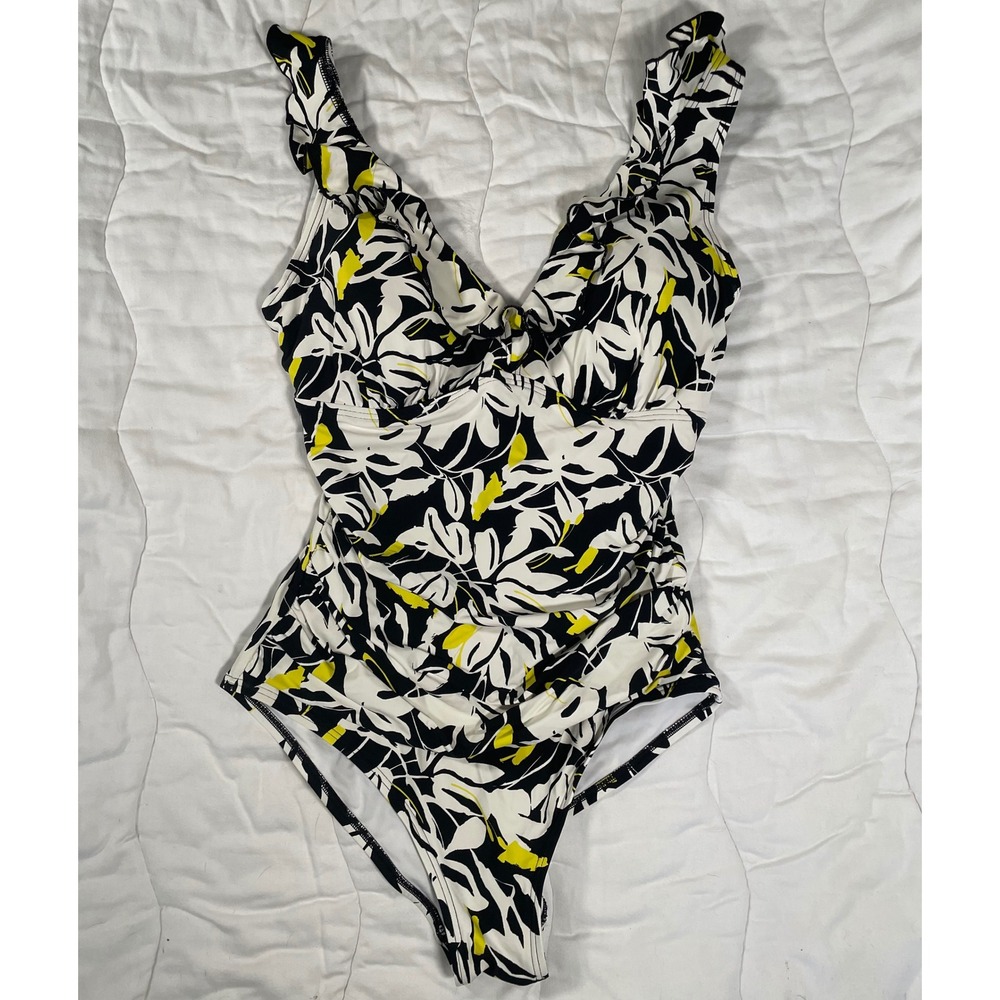 DKNY Womens Floral Ruffle One Piece Swimsuit Black White Yellow Large